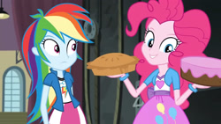 Size: 3410x1920 | Tagged: safe, screencap, pinkie pie, rainbow dash, equestria girls, g4, my little pony equestria girls: friendship games, cake, clothes, cutie mark on clothes, duo, duo female, female, food, high res, pie, smiling