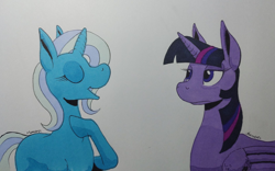 Size: 1882x1178 | Tagged: safe, artist:darkhestur, trixie, twilight sparkle, alicorn, pony, unicorn, g4, duo, eyes closed, lidded eyes, markers, simple background, talking, traditional art, twilight sparkle (alicorn)