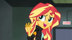 Size: 3410x1920 | Tagged: safe, screencap, sunset shimmer, equestria girls, g4, my little pony equestria girls: friendship games, clothes, female, high res, jacket, leather, leather jacket, open mouth, open smile, smiling, solo