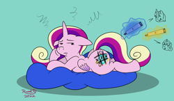 Size: 3004x1740 | Tagged: safe, artist:rupert, princess cadance, princess flurry heart, shining armor, alicorn, pony, unicorn, g4, baby, butt, cadance is not amused, dot eyes, drawing on flank, female, filly, floppy ears, foal, lovebutt, lying down, magic, male, mare, markers, missing accessory, offscreen character, pillow, plot, prank, prone, silly, stallion, this will end in a night on the couch, tic tac toe, traditional art, unamused