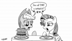 Size: 1920x1080 | Tagged: safe, ai assisted, ai content, artist:pony-berserker, fifteen.ai, applejack, rarity, earth pony, pony, unicorn, pony-berserker's twitter sketches, g4, and then there's rarity, black and white, duo, female, food, grayscale, halftone, hors d'oeuvre, mare, monochrome, olive, sandwich, simple background, size comparison, size difference, size matters, sketch, sound, sound only, speech bubble, webm, white background