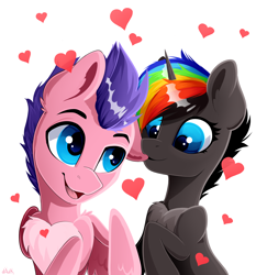 Size: 4000x4300 | Tagged: dead source, safe, artist:rainbowfire, oc, oc only, oc:rainbow fire, pegasus, pony, unicorn, biting, blue eyes, chest fluff, couple, cute, duo, female, heart, holiday, looking at you, love, male, mare, smiling, smiling at you, stallion, valentine's day, valentine's day card