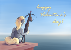 Size: 2384x1686 | Tagged: safe, artist:colourwave, derpy hooves, pegasus, pony, g4, arrow, crossbow, day, female, happy valentines day, heart, holiday, ocean, ponified, sitting, valentine's day, water, weapon