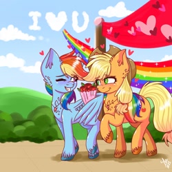 Size: 1280x1280 | Tagged: safe, artist:galaxy swirl, applejack, rainbow dash, earth pony, pegasus, pony, g4, applejack's hat, bouquet of flowers, cowboy hat, duo, duo female, female, floating heart, flower, hat, heart, hearts and hooves day, holiday, i <3 u, jewelry, lesbian, looking at each other, looking at someone, mare, necklace, one eye closed, outdoors, rainbow, rose, ship:appledash, shipping, skywriting, unshorn fetlocks, valentine's day, wing hold, wings, wink