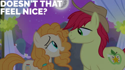 Size: 1280x720 | Tagged: safe, edit, edited screencap, editor:quoterific, screencap, bright mac, pear butter, earth pony, pony, g4, season 7, the perfect pear, cowboy hat, duo, female, hat, male, mare, moon, night, open mouth, open smile, smiling, stallion