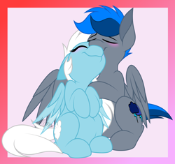 Size: 2186x2052 | Tagged: safe, artist:feather_bloom, oc, oc only, oc:azure thunder, oc:feather bloom(fb), oc:feather_bloom, pegasus, pony, duo, high res, pink background, simple background