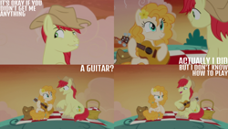 Size: 1280x720 | Tagged: safe, edit, edited screencap, editor:quoterific, screencap, bright mac, pear butter, earth pony, pony, g4, season 7, the perfect pear, cowboy hat, duo, female, guitar, hat, lip bite, male, mare, musical instrument, open mouth, open smile, smiling, stallion, sunset