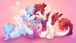 Size: 2940x1698 | Tagged: safe, artist:dedfriend, oc, oc only, pegasus, pony, cute, floating heart, heart, hearts and hooves day, holiday, kissing, shipping