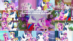 Size: 1280x720 | Tagged: safe, edit, edited screencap, editor:quoterific, screencap, hayseed turnip truck, linky, parasol, princess cadance, princess flurry heart, shining armor, shoeshine, alicorn, crystal pony, earth pony, pony, unicorn, a canterlot wedding, a flurry of emotions, g4, my little pony best gift ever, once upon a zeppelin, season 2, season 3, season 5, season 6, season 7, season 9, slice of life (episode), the crystal empire, the crystalling, the ending of the end, the one where pinkie pie knows, the times they are a changeling, airship, baby, baby pony, cadance and shining day, cake, crown, crying, crystal empire, crystallized, eyes closed, female, filly, foal, food, jewelry, magic, male, mare, open mouth, open smile, ponyville town hall, regalia, sad, smiling, spread wings, stallion, sugarcube corner, telekinesis, twilight's castle, wings, zeppelin