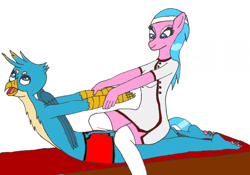 Size: 1280x897 | Tagged: safe, artist:hunter117x, aloe, gallus, griffon, anthro, g4, clothes, massage, socks, spa, stretching, thigh highs