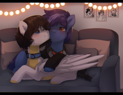 Size: 1989x1544 | Tagged: safe, artist:anku, oc, oc only, earth pony, pegasus, pony, clothes, collar, commission, couch, couple, duo, string lights