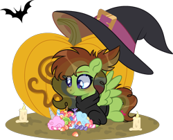 Size: 2109x1706 | Tagged: safe, artist:dianamur, artist:kurosawakuro, oc, pegasus, pony, base used, candy, clothes, female, food, halloween, hat, holiday, hoodie, jack-o-lantern, lying down, mare, prone, pumpkin, simple background, solo, transparent background, witch hat
