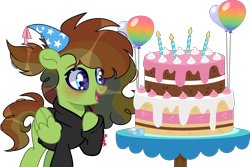 Size: 2532x1687 | Tagged: safe, artist:dianamur, artist:kurosawakuro, oc, oc only, pegasus, pony, balloon, base used, cake, clothes, female, folded wings, food, hat, high res, hoodie, hoof on chest, mare, multicolored hair, open mouth, open smile, party hat, pegasus oc, rainbow hair, signature, simple background, smiling, solo, tail, transparent background, wings