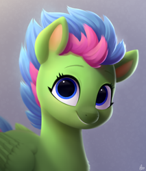 Size: 850x1000 | Tagged: safe, artist:luminousdazzle, luminous dazzle, pegasus, pony, blue eyes, bust, digital art, eyebrows, eyelashes, female, folded wings, grin, looking at you, mare, semi-realistic, signature, simple background, smiling, smiling at you, solo, wings