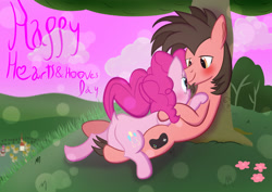 Size: 3508x2480 | Tagged: safe, artist:ace play, pinkie pie, oc, oc:ace play, earth pony, pony, g4, blushing, canon x oc, dock, featureless crotch, female, hearts and hooves day, high res, holiday, looking at each other, looking at someone, male, mare, pinkieplay, ponyville, shipping, smiling, snuggling, stallion, straight, tail, tree, valentine's day