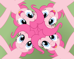 Size: 2000x1600 | Tagged: safe, artist:sazanamibd, pinkie pie, earth pony, pony, g4, clone, female, green background, looking at each other, looking at someone, mare, open mouth, open smile, pinkie clone, self paradox, self ponidox, simple background, smiling