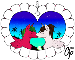 Size: 1000x800 | Tagged: safe, artist:approxxy, oc, oc:approxxy, oc:melon specter, pegasus, pony, beach, couple, heart, holiday, miami, night, valentine, valentine's day