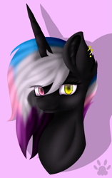 Size: 1941x3090 | Tagged: safe, artist:maneblue, oc, oc only, pony, unicorn, bust, ear piercing, earring, female, heterochromia, horn, jewelry, mare, paw prints, piercing, pink background, simple background, solo, unicorn oc