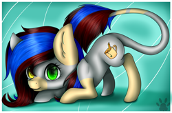 Size: 3023x1983 | Tagged: safe, artist:maneblue, oc, oc only, earth pony, pony, abstract background, ear fluff, earth pony oc, face down ass up, female, heterochromia, leonine tail, mare, paw prints, solo, tail