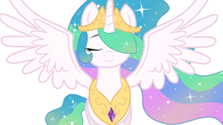 Size: 1280x720 | Tagged: safe, artist:sallyso, princess celestia, alicorn, pony, g4, bust, ethereal mane, female, hair over one eye, jewelry, mare, peytral, simple background, smiling, solo, spread wings, starry mane, tiara, white background, wings