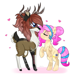 Size: 3700x3700 | Tagged: safe, artist:kaikururu, oc, crystal pony, deer, earth pony, pony, antlers, deer oc, duo, high res, oc x oc, rearing, shipping, simple background, transparent background