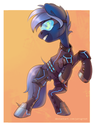 Size: 2381x3118 | Tagged: safe, artist:yarugreat, oc, oc:dark straw, pony, zebra, armor, commission, female, glasses, high res, neon, simple background, solo, ych result