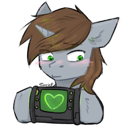 Size: 1024x1024 | Tagged: safe, artist:sinrinf, oc, oc only, oc:littlepip, pony, unicorn, fallout equestria, blushing, eyes open, green eyes, holiday, pipbuck, simple background, solo, valentine's day, white background