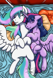 Size: 1693x2498 | Tagged: safe, princess celestia, twilight sparkle, alicorn, pony, g4, cute, cutelestia, eyes closed, female, future, hooves to the chest, lesbian, love, lying down, on back, purple, ship:twilestia, shipping, sleeping, smiling, spread wings, wings