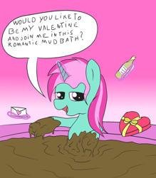 Size: 1400x1600 | Tagged: safe, artist:amateur-draw, oc, oc:belle boue, pony, unicorn, female, hearts and hooves day, holiday, mare, mud, mud bath, muddy, solo, valentine's day, wet and messy