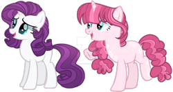 Size: 1280x688 | Tagged: safe, artist:dayspring-dawnyt, oc, oc only, pony, unicorn, deviantart watermark, duo, duo female, female, full body, hooves, horn, lidded eyes, magical lesbian spawn, mare, obtrusive watermark, offspring, open mouth, open smile, parent:lovestruck, parent:pinkie pie, parent:rarity, raised hoof, raised leg, show accurate, simple background, smiling, standing, tail, transparent background, unicorn oc, watermark