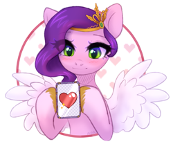 Size: 1789x1489 | Tagged: safe, artist:avrameow, pipp petals, pegasus, pony, g5, my little pony: a new generation, adorapipp, blushing, cute, female, happy valentines day, hearts and hooves day, holiday, mare, phone, simple background, smiling, solo, spread wings, valentine's day, white background, wings