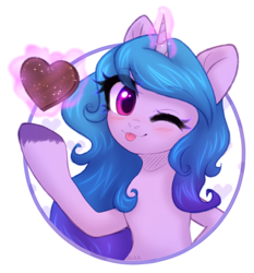 Size: 1528x1640 | Tagged: safe, artist:avrameow, izzy moonbow, pony, unicorn, g5, my little pony: a new generation, blushing, chocolate, cute, female, food, glowing, glowing horn, happy valentines day, heart, horn, izzybetes, mare, simple background, solo, tongue out, white background