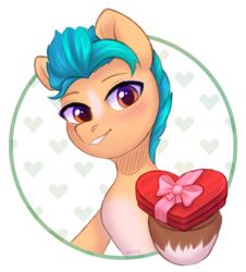 Size: 1441x1597 | Tagged: safe, artist:avrameow, hitch trailblazer, earth pony, pony, g5, my little pony: a new generation, chocolate, cute, food, happy valentines day, heart, hitchbetes, holiday, male, smiling, solo, stallion, valentine's day