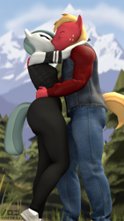 Size: 1080x1920 | Tagged: safe, artist:nologo, big macintosh, marble pie, earth pony, anthro, g4, 3d, clothes, duo, eyes closed, female, forest, hands on shoulder, hug, kiss on the lips, kissing, male, outdoors, pants, ship:marblemac, shipping, source filmmaker, straight, tree, yoga pants