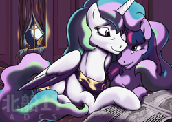 Size: 1280x904 | Tagged: safe, princess celestia, twilight sparkle, alicorn, pony, g4, book, cuddling, female, lesbian, looking at each other, looking at someone, love, moon, night, nuzzling, romance, ship:twilestia, shipping, smiling, twilight sparkle (alicorn)