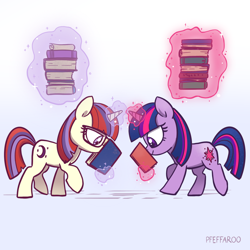 Size: 2048x2048 | Tagged: safe, artist:pfeffaroo, moondancer, twilight sparkle, pony, unicorn, g4, 2022, adorkable, book, bookworm, carrying, cute, dork, duo, duo female, female, filly, filly moondancer, filly twilight sparkle, foal, high res, imminent crash, magic, reading, simple background, telekinesis, that pony sure does love books, this will end in pain, unicorn twilight, younger
