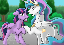 Size: 2710x1916 | Tagged: safe, princess celestia, twilight sparkle, alicorn, pony, g4, canterlot, confession, female, lesbian, looking at each other, looking at someone, love, raised hoof, ship:twilestia, shipping, twilight sparkle (alicorn)