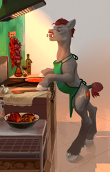 Size: 3200x5000 | Tagged: safe, artist:yanisfucker, oc, oc only, earth pony, pony, bipedal, cooking, food, male, mouth hold, solo, stallion, tail, tail wrap