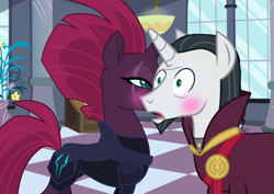 Size: 1414x1000 | Tagged: safe, artist:dashiesparkle, artist:decokenite, chancellor neighsay, fizzlepop berrytwist, tempest shadow, pony, unicorn, g4, accessory, blushing, broken horn, cheek kiss, clothes, duo, female, horn, kissing, male, mare, room, shipping, stallion, straight, tempest neighsay