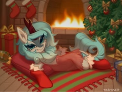 Size: 1500x1126 | Tagged: safe, artist:rrd-artist, oc, oc only, oc:frost flare, kirin, christmas, christmas stocking, christmas tree, clothes, draw me like one of your french girls, female, fire, fireplace, holiday, kirin oc, present, signature, socks, solo, tree