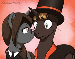 Size: 4200x3300 | Tagged: safe, artist:shannonworks, oc, oc only, oc:private eye, oc:sonata, pony, unicorn, elements of justice, turnabout storm, boop, clothes, cute, female, glasses, hat, lawyer, male, mare, noseboop, professor layton, shipping, stallion, suit, top hat