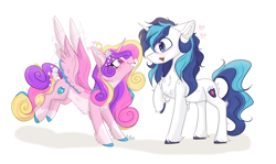 Size: 6288x3738 | Tagged: safe, artist:tizhonolulu, princess cadance, shining armor, alicorn, pony, unicorn, g4, alternate design, alternate hairstyle, blushing, chest fluff, cute, cutedance, duo, female, flower, flower in hair, heart, hearts and hooves day, holiday, letter, male, shining adorable, ship:shiningcadance, shipping, simple background, straight, unshorn fetlocks, valentine's day, white background