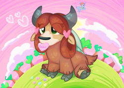 Size: 1950x1399 | Tagged: safe, artist:rainbow eevee, yona, yak, g4, beautiful, bow, candy, candy hearts, cloud, cloven hooves, cute, digital art, female, food, grass, green eyes, hair bow, heart, hearts and hooves day, hill, holiday, implied sandbar, monkey swings, mouth hold, sitting, solo, sun, sunset, text, tree, valentine's day, yonadorable
