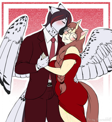Size: 3000x3265 | Tagged: safe, artist:hasana-chan, oc, oc only, oc:céline actias, oc:pyry, pegasus, unicorn, anthro, unguligrade anthro, anthro oc, cheek kiss, commission, couple, eyes closed, female, freckles, gift art, glasses, happy, hearts and hooves day, high res, holiday, horn, kissing, male, mare, oc x oc, pegasus oc, red dress, shipping, shoulderless, smiling, stallion, tail, tail feathers, unicorn oc, valentine's day, wholesome
