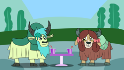 Size: 1920x1080 | Tagged: safe, artist:platinumdrop, sandbar, yona, yak, g4, bow, cloven hooves, female, hair bow, monkey swings, request, species swap, yak sandbar, yakified