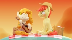 Size: 3840x2160 | Tagged: safe, artist:xppp1n, bright mac, pear butter, earth pony, pony, g4, the perfect pear, 3d, bag, basket, blender, blender cycles, blushing, female, guitar, high res, holding, looking down, male, mare, musical instrument, picnic, picnic basket, picnic blanket, saddle bag, scene interpretation, ship:brightbutter, shipping, singing, stallion, straight, unshorn fetlocks