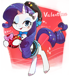 Size: 2652x2972 | Tagged: safe, artist:fuyugi, rarity, pony, unicorn, g4, chocolate, clothes, cute, food, high res, holiday, one eye closed, open mouth, raribetes, solo, valentine's day, wink