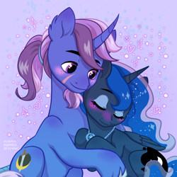 Size: 3000x3000 | Tagged: safe, artist:stillrabbit, princess luna, oc, oc:azure night, alicorn, pony, unicorn, g4, azuna, blushing, canon x oc, commission, cute, high res, hug, jewelry, necklace, shipping, ych result