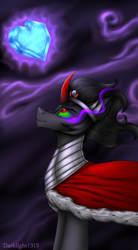 Size: 1660x3000 | Tagged: safe, artist:darklight1315, idw, king sombra, original species, pony, umbra pony, umbrum, unicorn, g4, siege of the crystal empire, armor, clothes, colored horn, crown, crystal heart, curved horn, horn, jewelry, male, mantle, regalia, scene interpretation, solo, sombra eyes, sombra horn, stallion