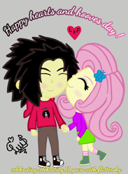 Size: 1920x2616 | Tagged: safe, artist:flutteryaylove, fluttershy, oc, oc:lusshy aragrev, human, equestria girls, g4, black hair, blushing, cheek kiss, clothes, converse, duo, eyes closed, gray background, happy, heart, hearts and hooves day, kissing, pants, rose hair, shoes, simple background, smiling, text
